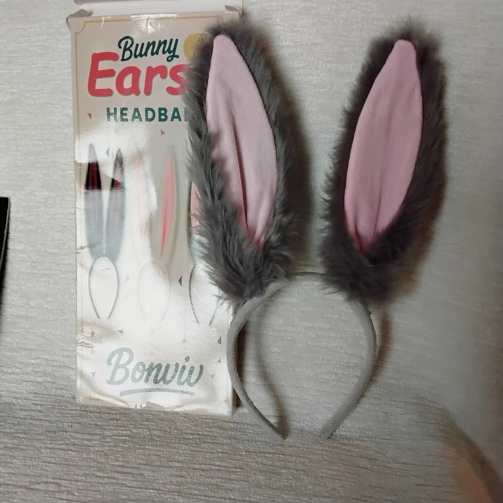 Pink and Gray Bunny Ear Headband, Not Floppy, 14